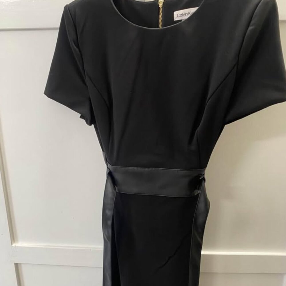 Calvin Klein Solid Faux-Leather Tie-Waist Sheath Dress